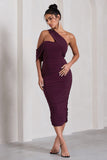 Cici Plum Asymmetric One Shoulder Ruched Midi Dress