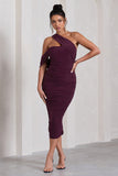 Cici Plum Asymmetric One Shoulder Ruched Midi Dress