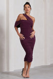 Cici Plum Asymmetric One Shoulder Ruched Midi Dress