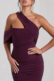 Cici Plum Asymmetric One Shoulder Ruched Midi Dress