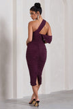 Cici Plum Asymmetric One Shoulder Ruched Midi Dress