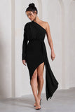 Catherine Black One Sleeve Asymmetric Midi Dress With Statement Drape