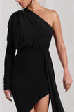 Catherine Black One Sleeve Asymmetric Midi Dress With Statement Drape