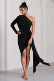 Catherine Black One Sleeve Asymmetric Midi Dress With Statement Drape