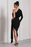 Catherine Black One Sleeve Asymmetric Midi Dress With Statement Drape