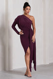 Catherine Plum One Sleeve Asymmetric Midi Dress With Statement Drape