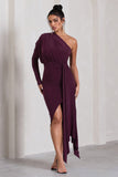 Catherine Plum One Sleeve Asymmetric Midi Dress With Statement Drape