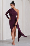 Catherine Plum One Sleeve Asymmetric Midi Dress With Statement Drape