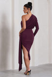 Catherine Plum One Sleeve Asymmetric Midi Dress With Statement Drape