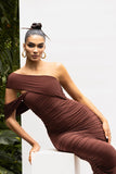 Cici Brown Asymmetric One Shoulder Ruched Midi Dress
