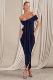 Camrin Navy Ruched Bardot Maxi Dress With Train Detail