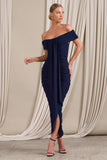 Camrin Navy Ruched Bardot Maxi Dress With Train Detail