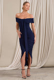 Camrin Navy Ruched Bardot Maxi Dress With Train Detail