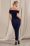 Camrin Navy Ruched Bardot Maxi Dress With Train Detail