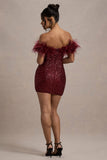 New Money Burgundy Bodycon Sequin Mini Dress With Feather Trim