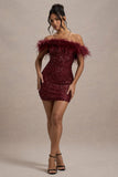 New Money Burgundy Bodycon Sequin Mini Dress With Feather Trim