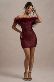 New Money Burgundy Bodycon Sequin Mini Dress With Feather Trim