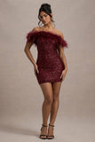 New Money Burgundy Bodycon Sequin Mini Dress With Feather Trim