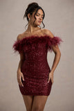 New Money Burgundy Bodycon Sequin Mini Dress With Feather Trim