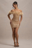 New Money Gold Bodycon Sequin Mini Dress With Feather Trim