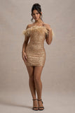 New Money Gold Bodycon Sequin Mini Dress With Feather Trim