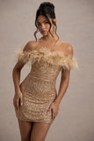 New Money Gold Bodycon Sequin Mini Dress With Feather Trim