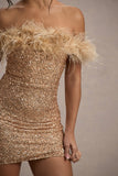 New Money Gold Bodycon Sequin Mini Dress With Feather Trim