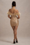 New Money Gold Bodycon Sequin Mini Dress With Feather Trim