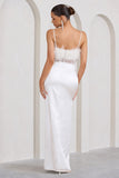 Countess White Lace Corset Maxi Dress With Feather Trim