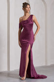 Jayne Plum Satin Asymmetric Draped Split Maxi Dress