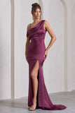 Jayne Plum Satin Asymmetric Draped Split Maxi Dress