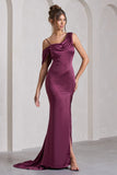 Jayne Plum Satin Asymmetric Draped Split Maxi Dress
