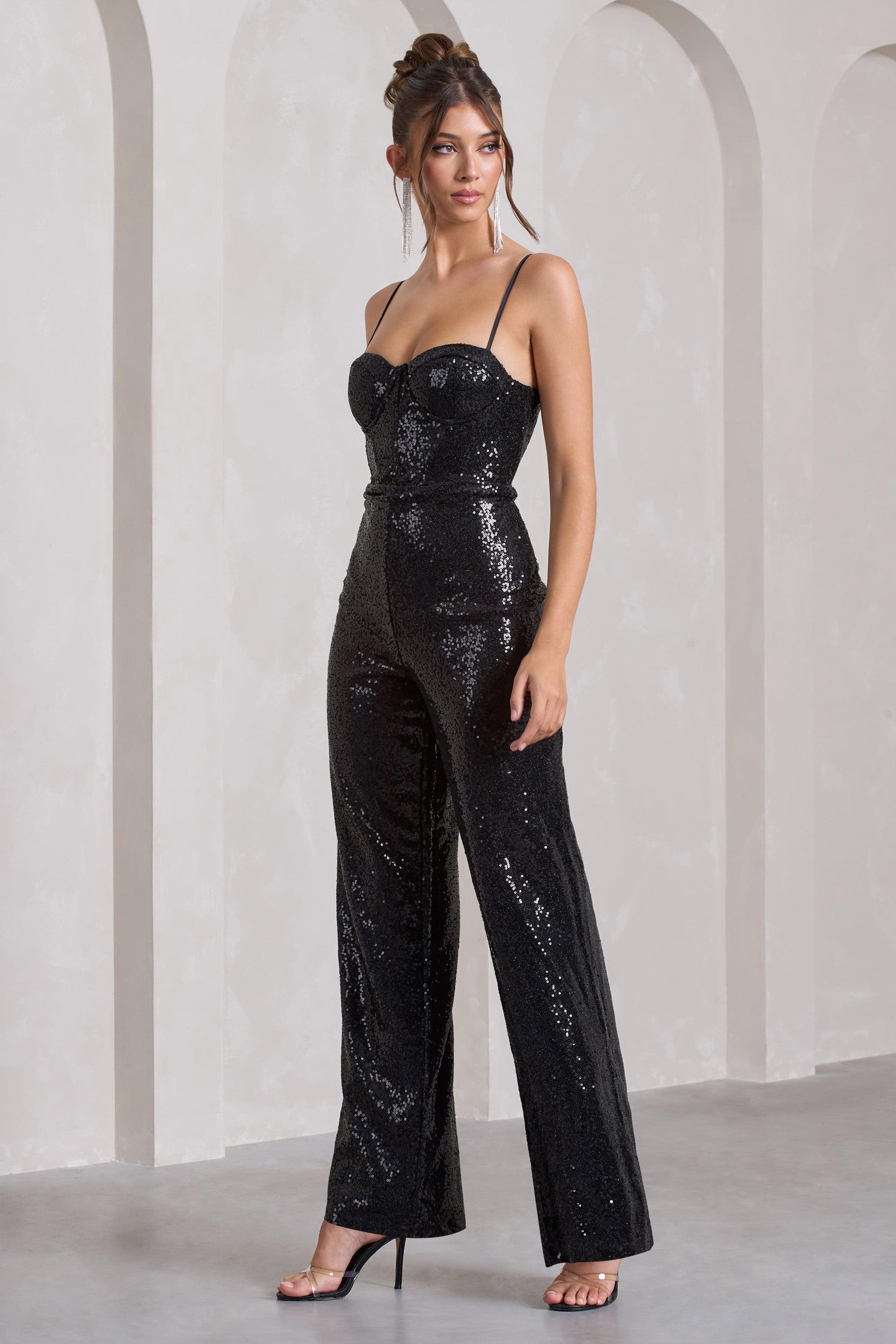 Dandelion Black Strappy Corset Sequin Jumpsuit