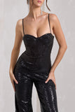 Dandelion Black Strappy Corset Sequin Jumpsuit