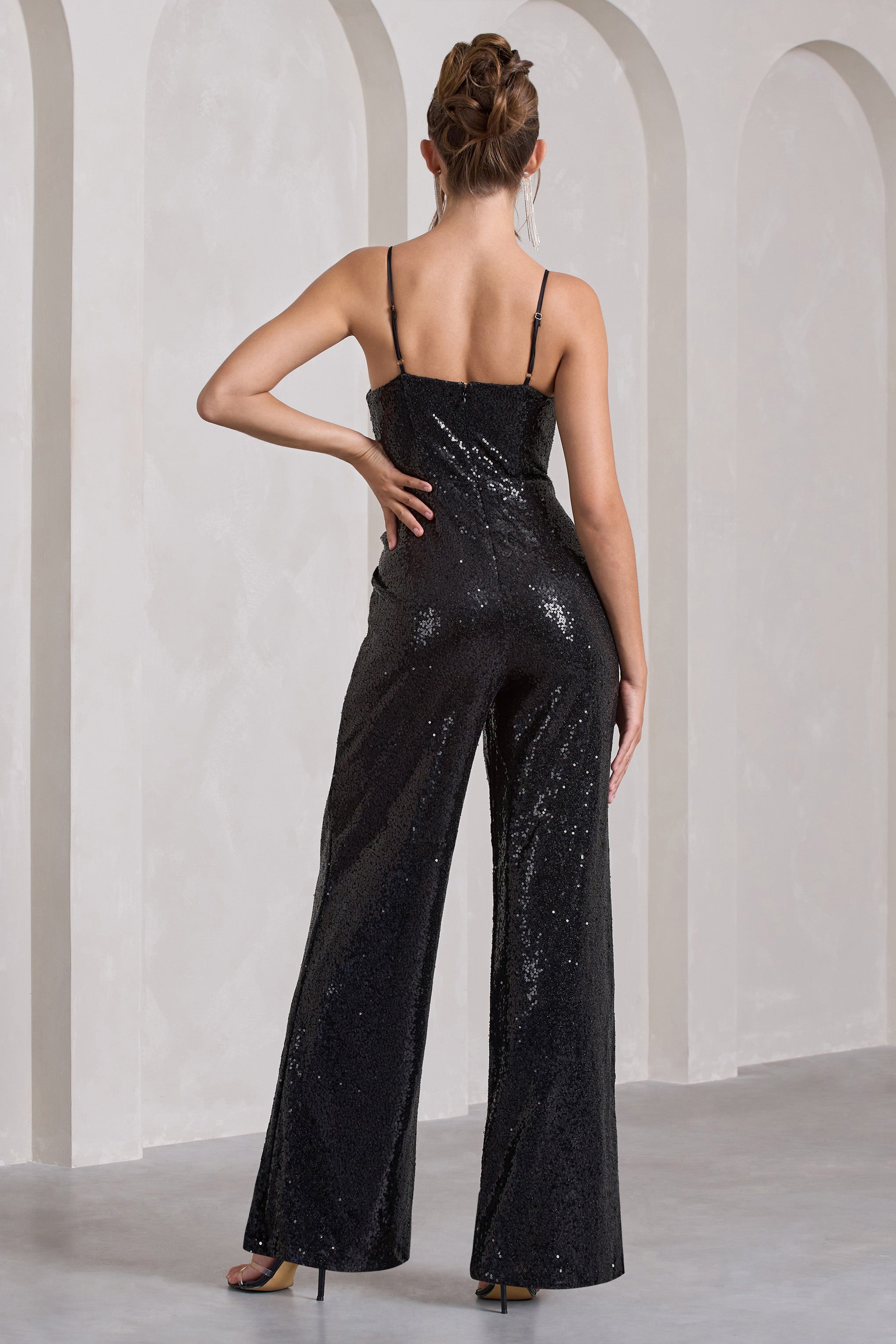 Dandelion Black Strappy Corset Sequin Jumpsuit