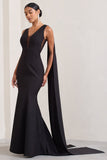 Rosaline Black Plunging Fishtail Maxi Dress With Cape