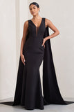 Rosaline Black Plunging Fishtail Maxi Dress With Cape
