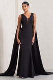 Rosaline Black Plunging Fishtail Maxi Dress With Cape