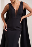 Rosaline Black Plunging Fishtail Maxi Dress With Cape