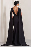 Rosaline Black Plunging Fishtail Maxi Dress With Cape