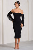Favor Black Ruched Mesh Bardot Midi Dress