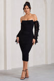 Favor Black Ruched Mesh Bardot Midi Dress