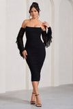 Favor Black Ruched Mesh Bardot Midi Dress