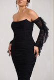 Favor Black Ruched Mesh Bardot Midi Dress