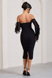 Favor Black Ruched Mesh Bardot Midi Dress