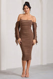 Favor Mocha Ruched Mesh Bardot Midi Dress