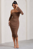 Favor Mocha Ruched Mesh Bardot Midi Dress
