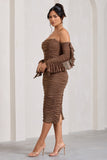 Favor Mocha Ruched Mesh Bardot Midi Dress