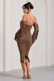 Favor Mocha Ruched Mesh Bardot Midi Dress