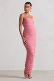My Lady Maternity Blush Pink Strapless Bodycon Ruched Mesh Maxi Dress
